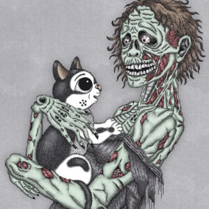 Zombie met kat ondood griezelig schattig digital kunst