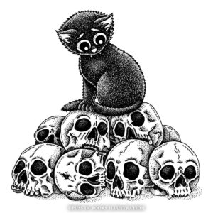 Zwarte kat op schedels berg griezelig schattig zwart wit inkt