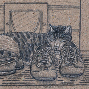 Slapende kat in schoenen potlood tekening huisdier portret