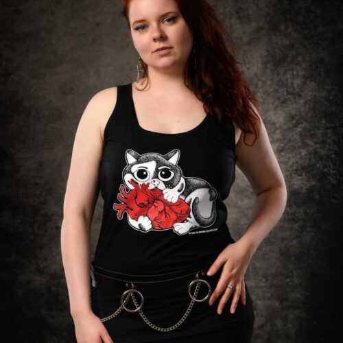 Ladies Tank Top Big Heart Cat Gothic Clothing For Women Anatomical Heart Black Tank Top Screen Printed Top Creepy Cute Kawaii Fashion