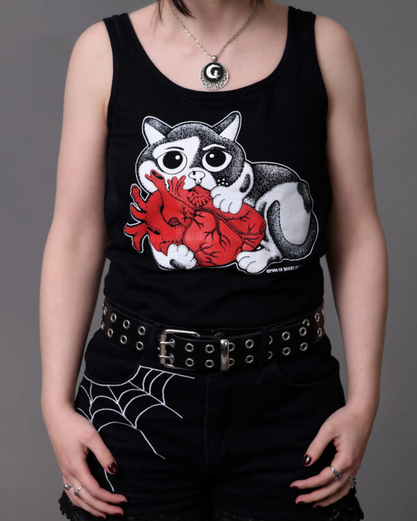 Ladies Tank Top Big Heart Cat Gothic Clothing For Women Anatomical Heart Black Tank Top Screen Printed Top Creepy Cute Kawaii Fashion