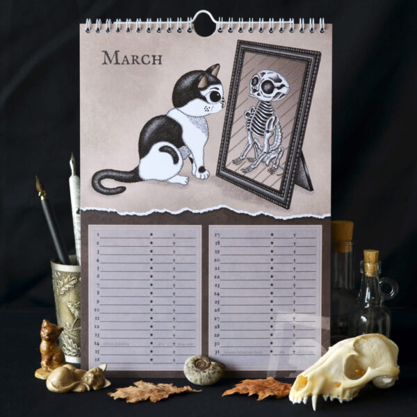 Kat Verjaardagskalender Memento Mori Kawaii Kattenkalender Gothic Kalender Verjaardag Doden Kalender Creepy Cute Birthday Calendar Cats Katten en Poezen Illustraties Schattig Eng Poes Uniek Nederlands Design