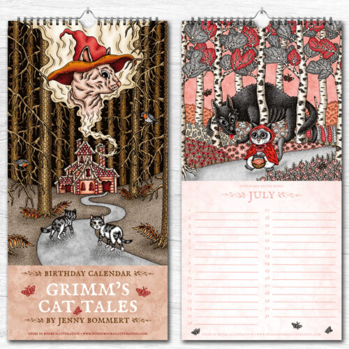 Sprookjes Kalender Gebroeders Grimm Kat Verjaardagskalender Grimm's Cat Tales Calendar Katten en Poezen Illustraties Fantasy Decoratie Housewarming Cadeau Sprookje Doornroosje en Roodkapje als Poes Uniek Nederlands Design