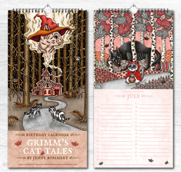 Sprookjes Kalender Gebroeders Grimm Kat Verjaardagskalender Grimm's Cat Tales Calendar Katten en Poezen Illustraties Fantasy Decoratie Housewarming Cadeau Sprookje Doornroosje en Roodkapje als Poes Uniek Nederlands Design