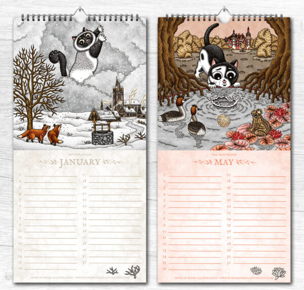 Sprookjes Kalender Gebroeders Grimm Kat Verjaardagskalender Grimm's Cat Tales Calendar Katten en Poezen Illustraties Fantasy Decoratie Housewarming Cadeau Sprookje Doornroosje en Roodkapje als Poes Uniek Nederlands Design