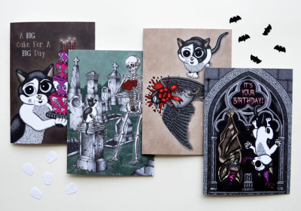 Creepy Cute Card Set with Cat Beebiepoes (incl. envelopes) Spooky Birthday Cards Macabre Humor Kawaii Cat Gothic Style Baby Bat Card