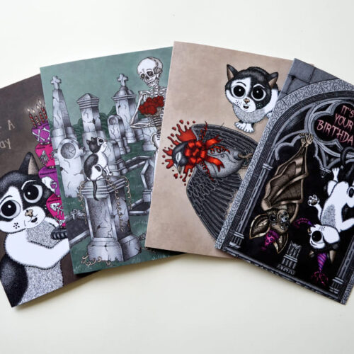 Creepy Cute Card Set with Cat Beebiepoes (incl. envelopes) Spooky Birthday Cards Macabre Humor Kawaii Cat Gothic Style Baby Bat Card