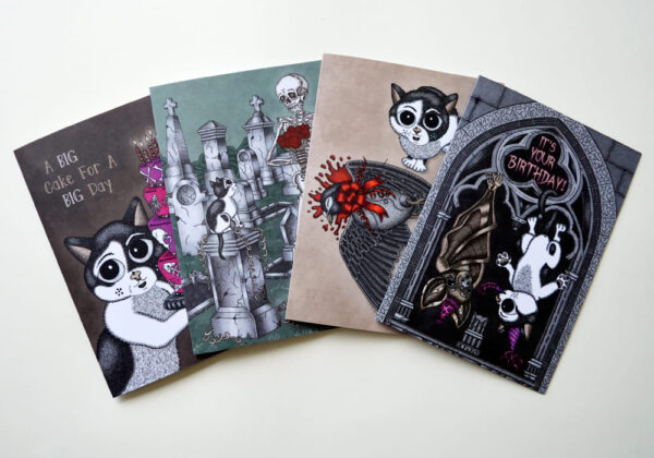 Creepy Cute Card Set with Cat Beebiepoes (incl. envelopes) Spooky Birthday Cards Macabre Humor Kawaii Cat Gothic Style Baby Bat Card