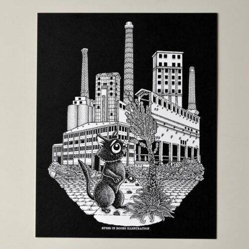 Art Print One Flower Left Gothic Home Decor Abandoned Industrial Landscape Dark Art, Back To Nature Black Cat Black White Wall Decor