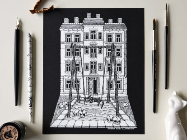 Art Print Lost Childhood Gothic Home Decor Dark Art Black White Wall Decor Victorian Era House Haunting Playground Black Cat Print