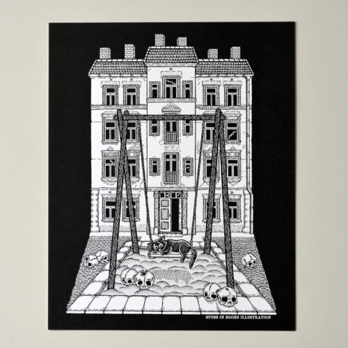 Art Print Lost Childhood Gothic Home Decor Dark Art Black White Wall Decor Victorian Era House Haunting Playground Black Cat Print