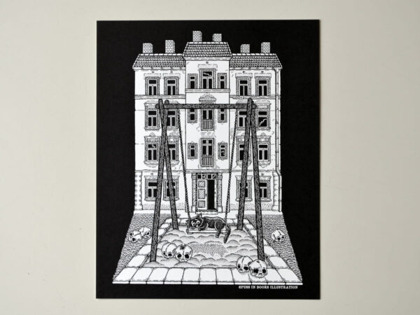 Art Print Lost Childhood Gothic Home Decor Dark Art Black White Wall Decor Victorian Era House Haunting Playground Black Cat Print