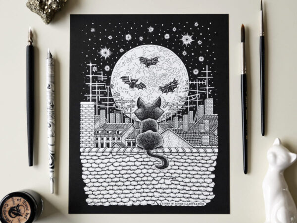 Art Print Nightsky Above The City Gothic Home Decor Dark Art Black Cat Print Black White Wall Decor Moon & Stars Urban Print Bats