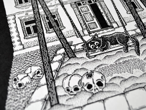 Art Print Lost Childhood Gothic Home Decor Dark Art Black White Wall Decor Victorian Era House Haunting Playground Black Cat Print