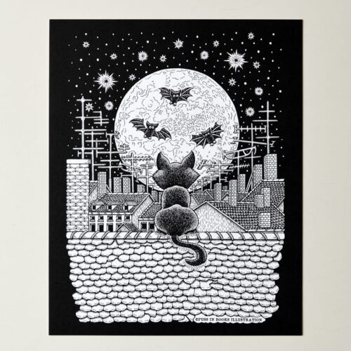 Art Print Nightsky Above The City Gothic Home Decor Dark Art Black Cat Print Black White Wall Decor Moon & Stars Urban Print Bats