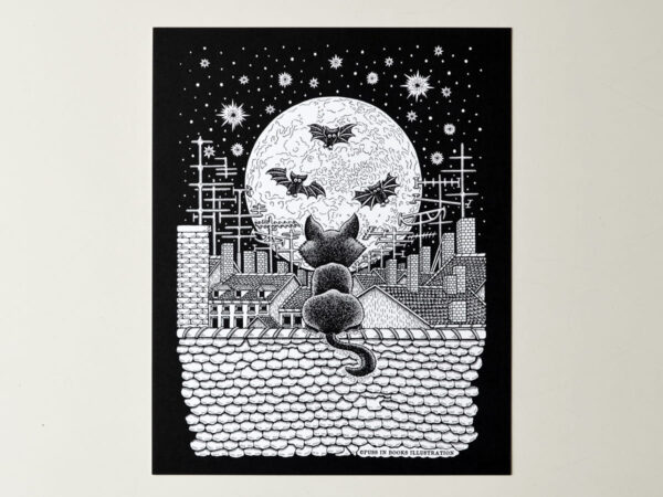 Art Print Nightsky Above The City Gothic Home Decor Dark Art Black Cat Print Black White Wall Decor Moon & Stars Urban Print Bats