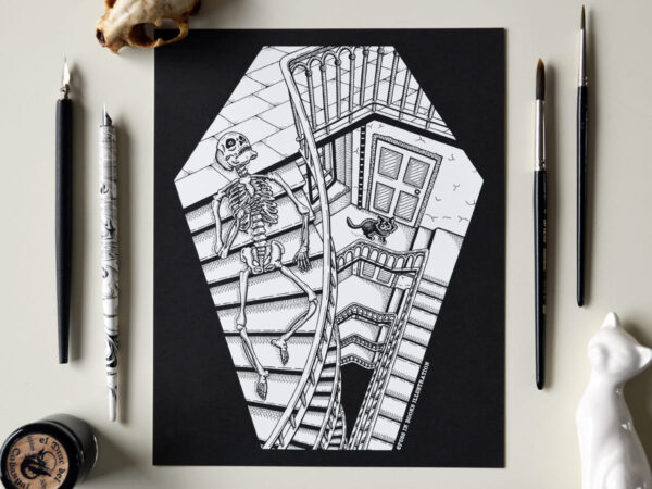 Art Print Stairway To The Death Gothic Home Decor Dark Art Coffin Shaped Staircase Creepy Cute Cat Black White Wall Decor Skeleton