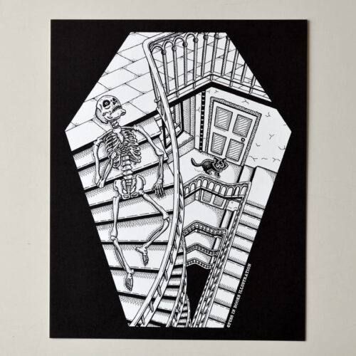 Art Print Stairway To The Death Gothic Home Decor Dark Art Coffin Shaped Staircase Creepy Cute Cat Black White Wall Decor Skeleton