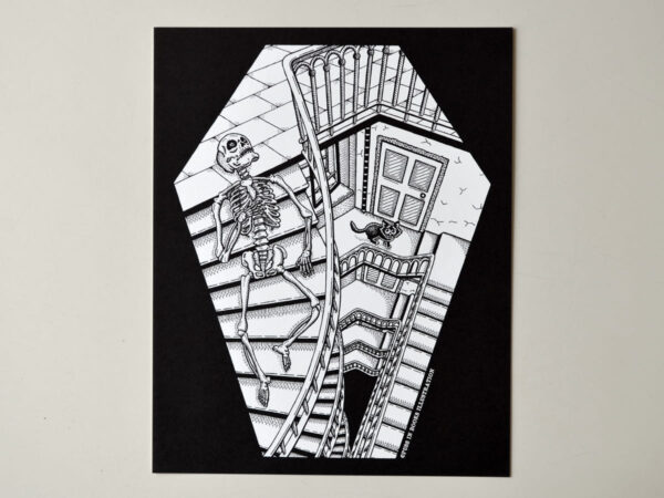 Art Print Stairway To The Death Gothic Home Decor Dark Art Coffin Shaped Staircase Creepy Cute Cat Black White Wall Decor Skeleton