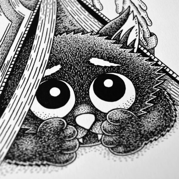 Puss In Books Original Art Black Cat Drawing Book Reader Gift Gothic Home Decor Feline Illustration Creepy Cute Cat Hidden Kitten