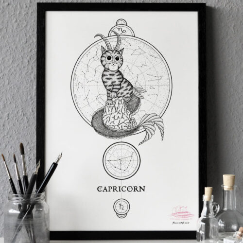 Zodiac Sign Capricorn Drawing Original Art Capricorn Star Sign Tabby Cat Cat Home Decor Astrology Horoscop Feline Illustration