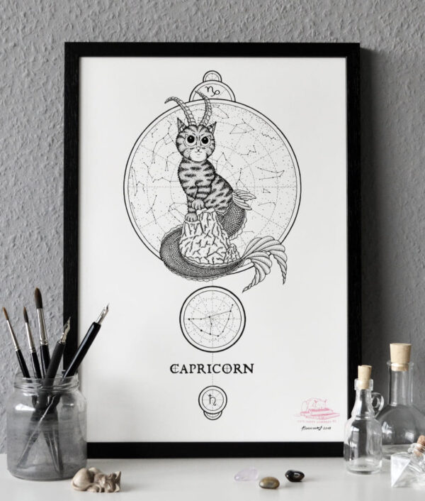 Zodiac Sign Capricorn Drawing Original Art Capricorn Star Sign Tabby Cat Cat Home Decor Astrology Horoscop Feline Illustration