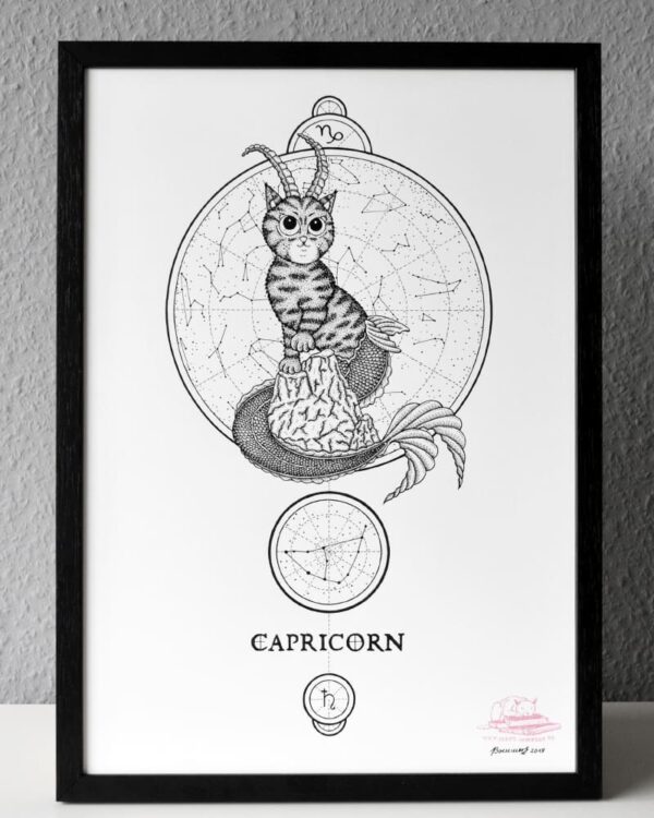 Zodiac Sign Capricorn Drawing Original Art Capricorn Star Sign Tabby Cat Cat Home Decor Astrology Horoscop Feline Illustration