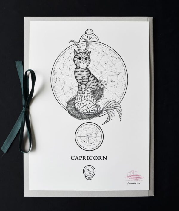 Zodiac Sign Capricorn Drawing Original Art Capricorn Star Sign Tabby Cat Cat Home Decor Astrology Horoscop Feline Illustration