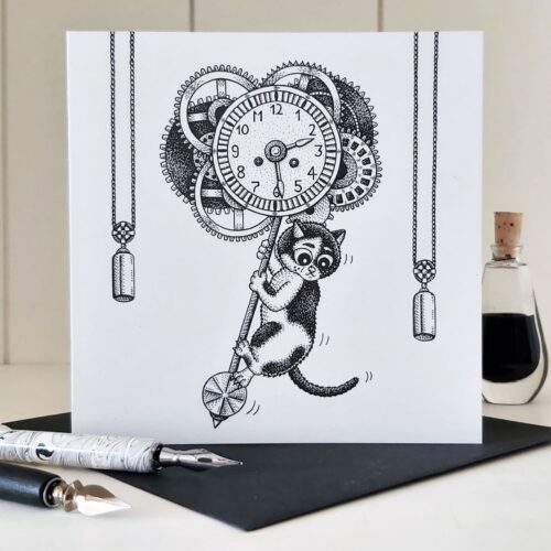 Gothic Cat Greeting Card Clockwork Steampunk Card Time Travel Card Sympathy Card Thinking of you card Pet Loss Card Pendulum Gears