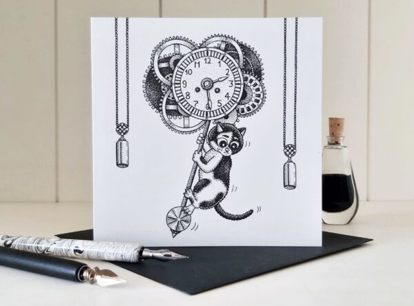 Gothic Cat Greeting Card Clockwork Steampunk Card Time Travel Card Sympathy Card Thinking of you card Pet Loss Card Pendulum Gears