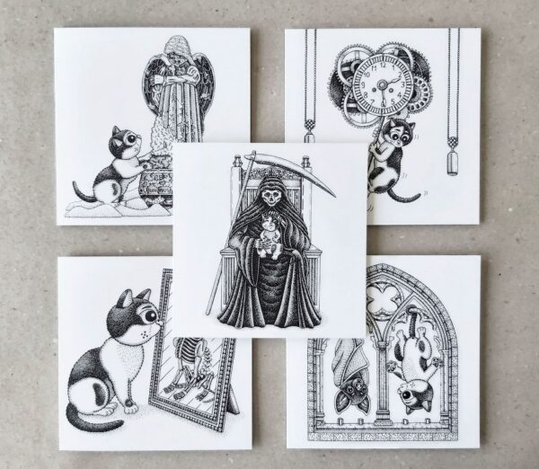 Gothic Cat Card Set of 5 incl. Envelopes Black White Cat Blank Cards Creepy Cute Cat Lover Gift Goth Greeting Cards Dark Birthday Card