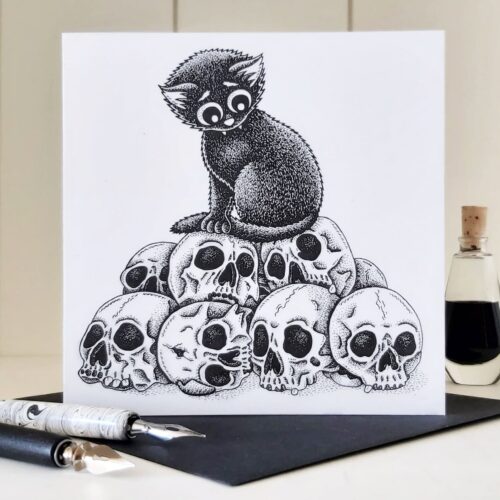 Black Cat Greeting Card Pile Of Skulls Gothic Birthday Card Cat Lover Gift Dark Art Print Wicca Illustration Black Cat Blank Card