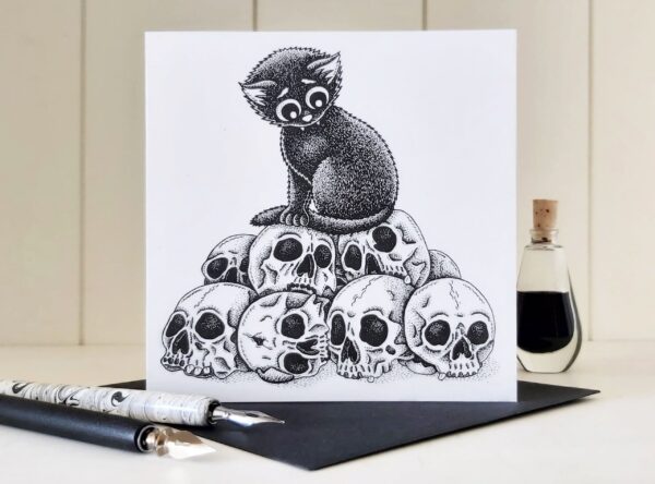 Black Cat Greeting Card Pile Of Skulls Gothic Birthday Card Cat Lover Gift Dark Art Print Wicca Illustration Black Cat Blank Card