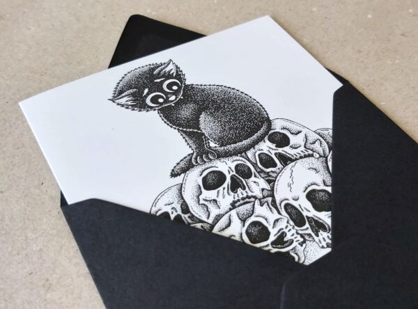 Black Cat Greeting Card Pile Of Skulls Gothic Birthday Card Cat Lover Gift Dark Art Print Wicca Illustration Black Cat Blank Card