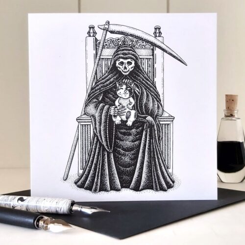 Gothic Cat Greeting Card The Grim Reaper Gothic Friendship Card Halloween Invitation Spooky Birthday Death Greeting Card Horror Fans