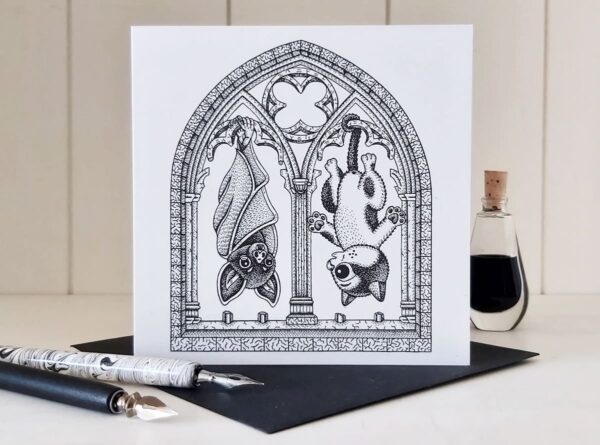 Gothic Cat & Bat Greeting Card Gothic Window Goth Birthday Batlover Card Kawaii Animal Halloween Art Alternative Anniversary Wedding