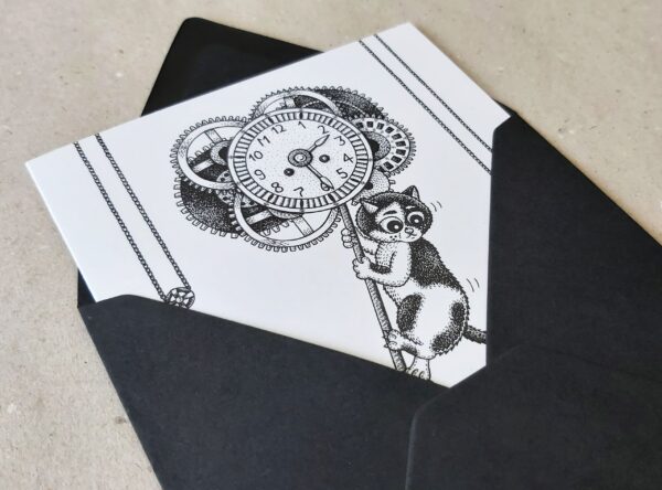 Gothic Cat Greeting Card Clockwork Steampunk Card Time Travel Card Sympathy Card Thinking of you card Pet Loss Card Pendulum Gears