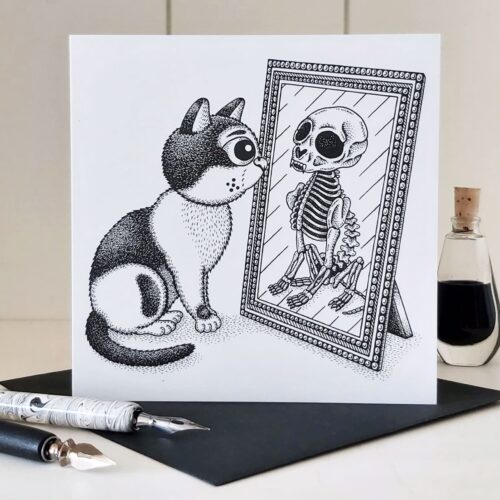 Gothic Cat Greeting Card Memento Mori Vanitas Card Gothic Birthday Card Macabre Humor Halloween Invitation Cat Skeleton Card Mirror