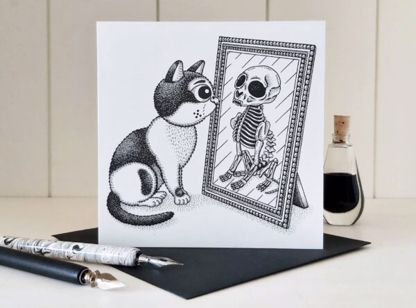 Gothic Cat Greeting Card Memento Mori Vanitas Card Gothic Birthday Card Macabre Humor Halloween Invitation Cat Skeleton Card Mirror