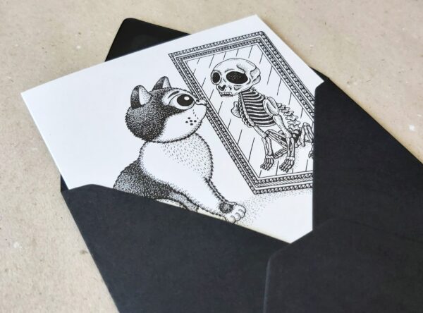 Gothic Cat Greeting Card Memento Mori Vanitas Card Gothic Birthday Card Macabre Humor Halloween Invitation Cat Skeleton Card Mirror