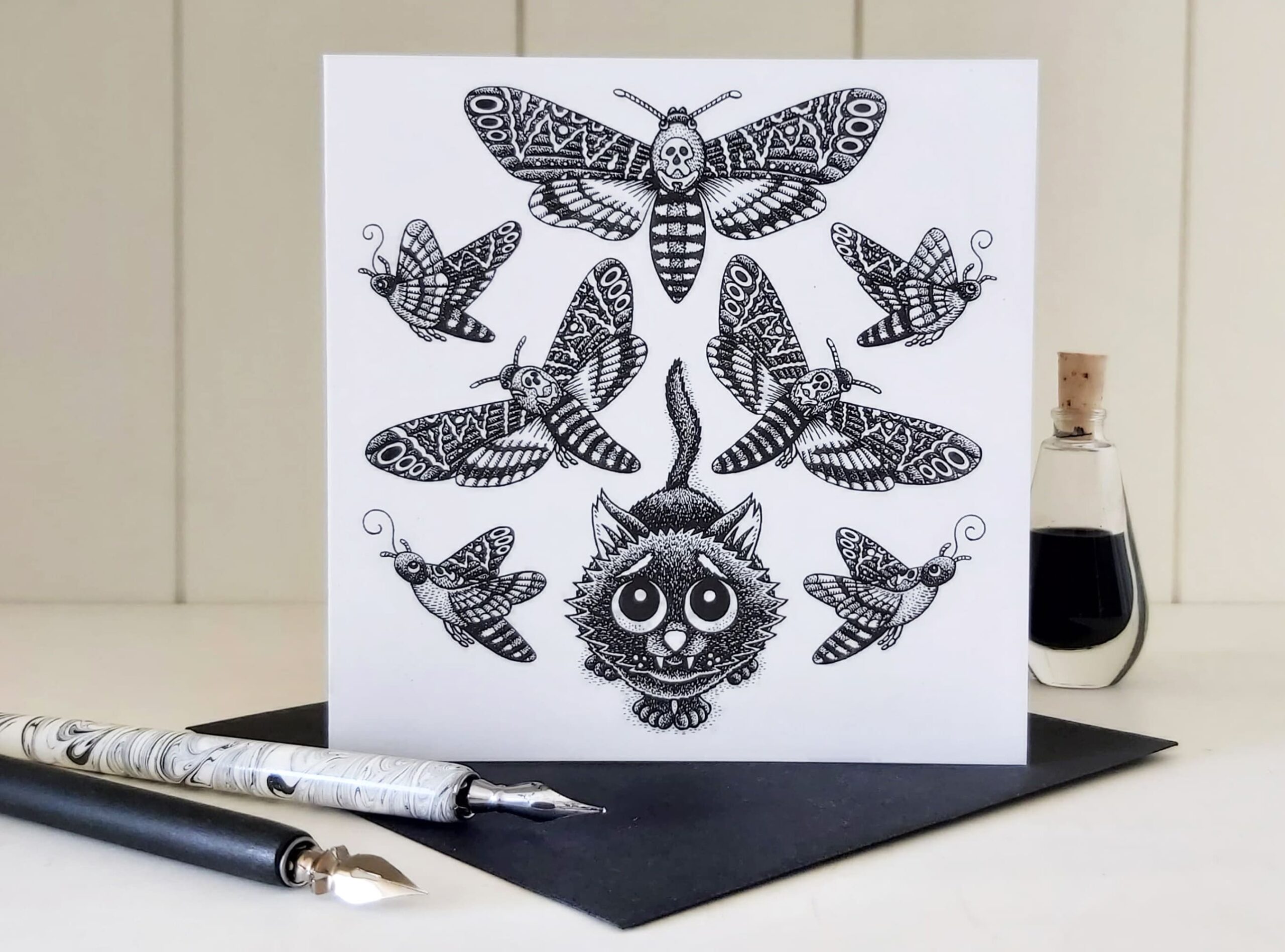 Black Cat Greeting Card Deadly Moth Lover Deaths Head Hawk Moth Card Insect Card Gothic Birthday Gift Goth Animal Card Blank Inside