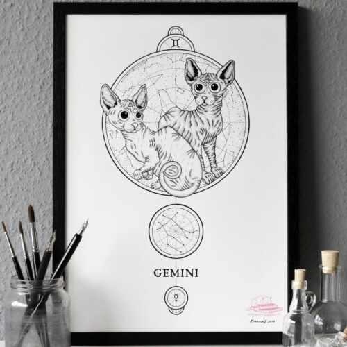 Zodiac Sign Gemini Drawing Original Art Sphynx Cat Gemini Star Sign Egyptian Cat Home Decor Astrology Horoscop Feline Illustration