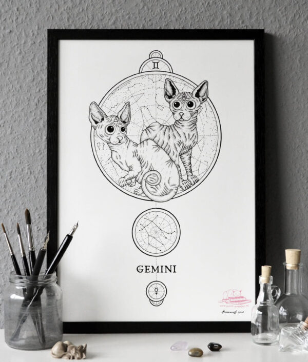 Zodiac Sign Gemini Drawing Original Art Sphynx Cat Gemini Star Sign Egyptian Cat Home Decor Astrology Horoscop Feline Illustration