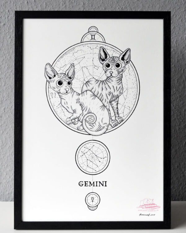 Zodiac Sign Gemini Drawing Original Art Sphynx Cat Gemini Star Sign Egyptian Cat Home Decor Astrology Horoscop Feline Illustration