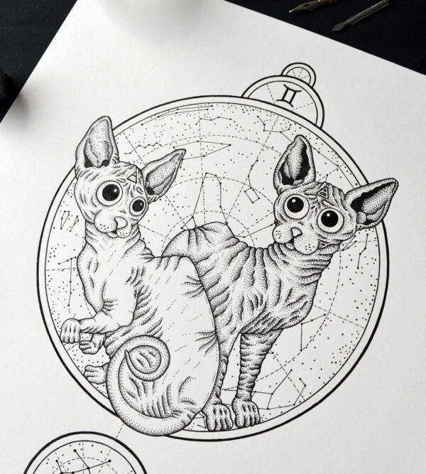 Zodiac Sign Gemini Drawing Original Art Sphynx Cat Gemini Star Sign Egyptian Cat Home Decor Astrology Horoscop Feline Illustration