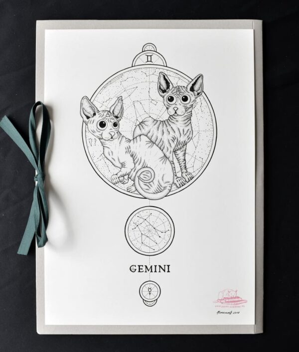 Zodiac Sign Gemini Drawing Original Art Sphynx Cat Gemini Star Sign Egyptian Cat Home Decor Astrology Horoscop Feline Illustration