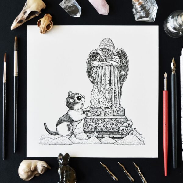 Mourning At The Grave Original Art Tombstone Cemetry Angel Grief Cat Drawing Bereavement Gothic Home Decor Feline Illustration