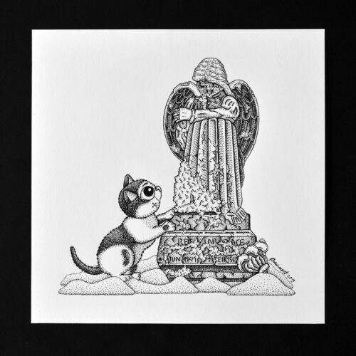 Mourning At The Grave Original Art Tombstone Cemetry Angel Grief Cat Drawing Bereavement Gothic Home Decor Feline Illustration