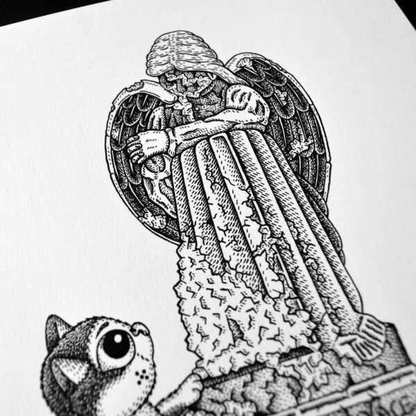 Mourning At The Grave Original Art Tombstone Cemetry Angel Grief Cat Drawing Bereavement Gothic Home Decor Feline Illustration