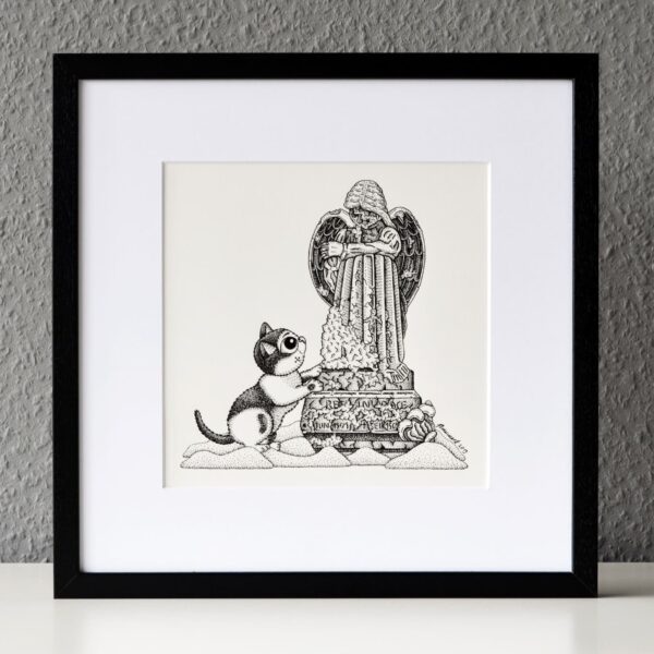 Mourning At The Grave Original Art Tombstone Cemetry Angel Grief Cat Drawing Bereavement Gothic Home Decor Feline Illustration